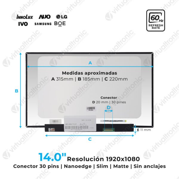 Pantalla 14.0  Nanoedge Slim 30 Pin 1920*1080 Matte (Sin Anclajes)
